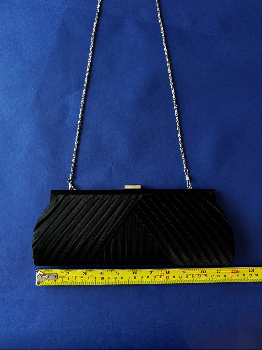Black Satin Pleated Evening Clutch with Silver Chain - Picture 4 of 6